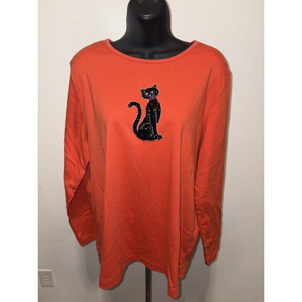 Designers Originals Womens XL Orange Halloween Top Blouse Beaded Sequined Cat